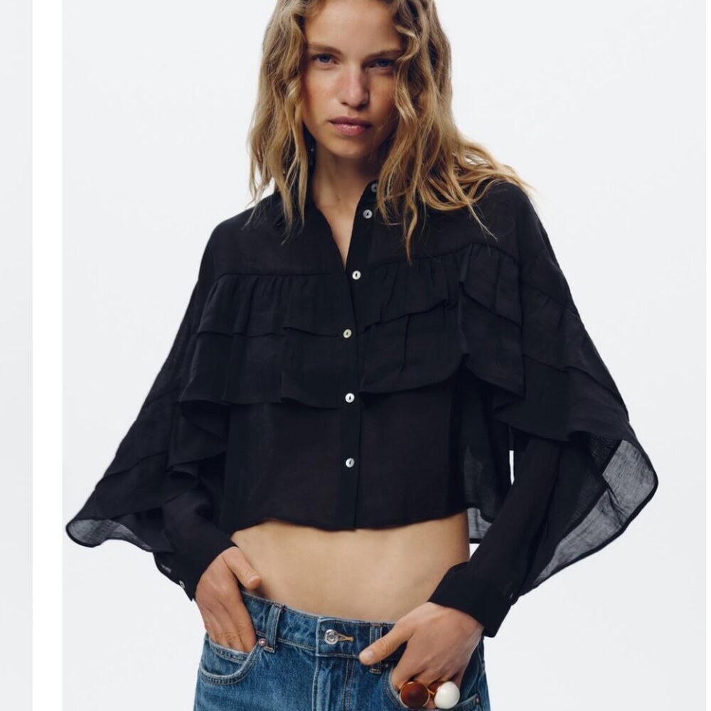 ZARA SEMI-SHEER RUFFLED CROP TOP BLACK SIZE: XS